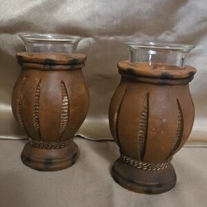 VTG Hand Carved Wood Votive Candle Holder Set W/ Glass Inserts Rustic Decor